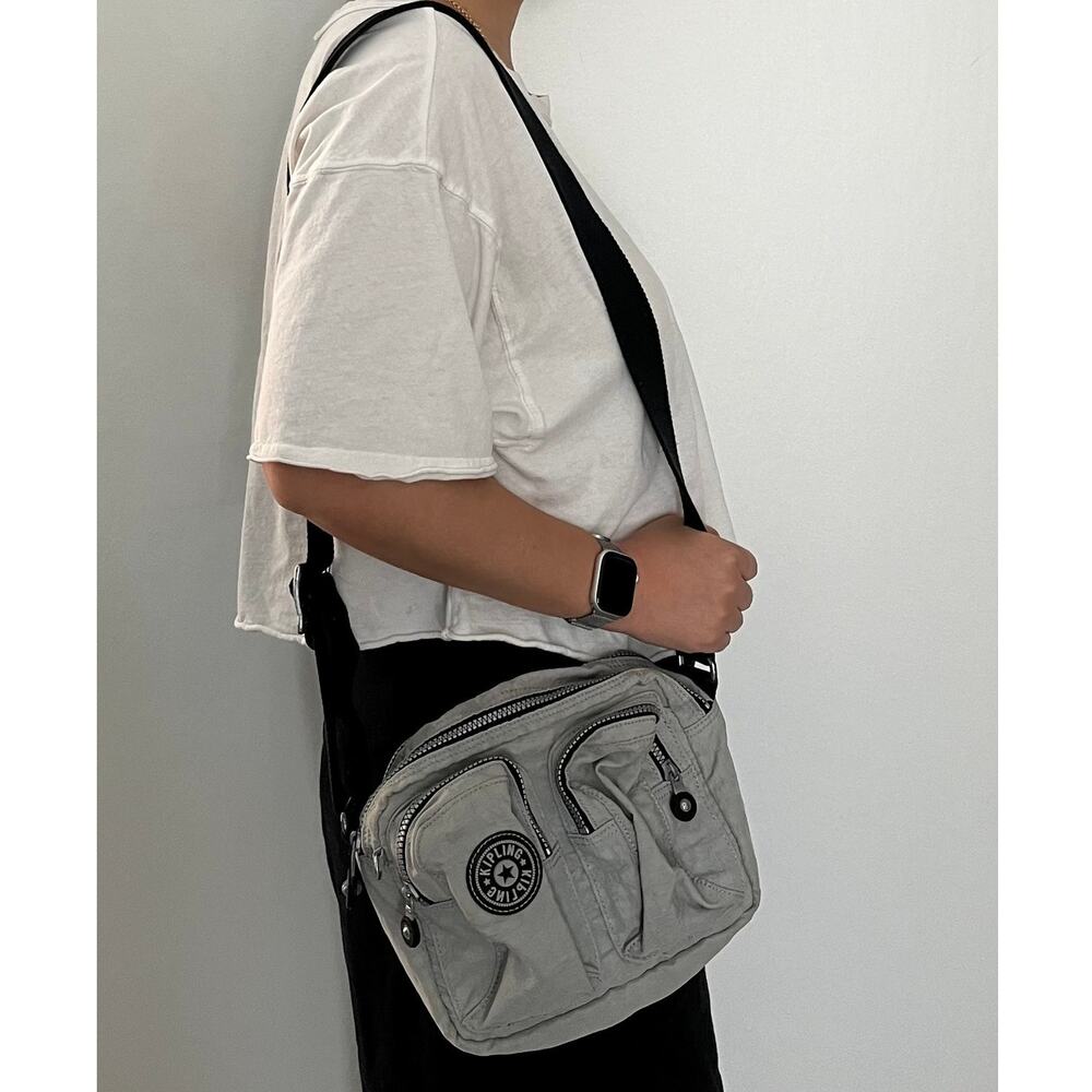 Vintage Kipling Gray Crossbody Bag Y2K Multi Pocket Nylon Made in Taiwan 90s